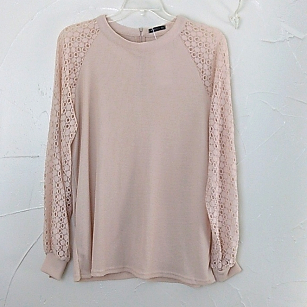 Miholl Knit‎ Pullover Top Size XXL Waffle Knit Bodice Open Crochet Long S…